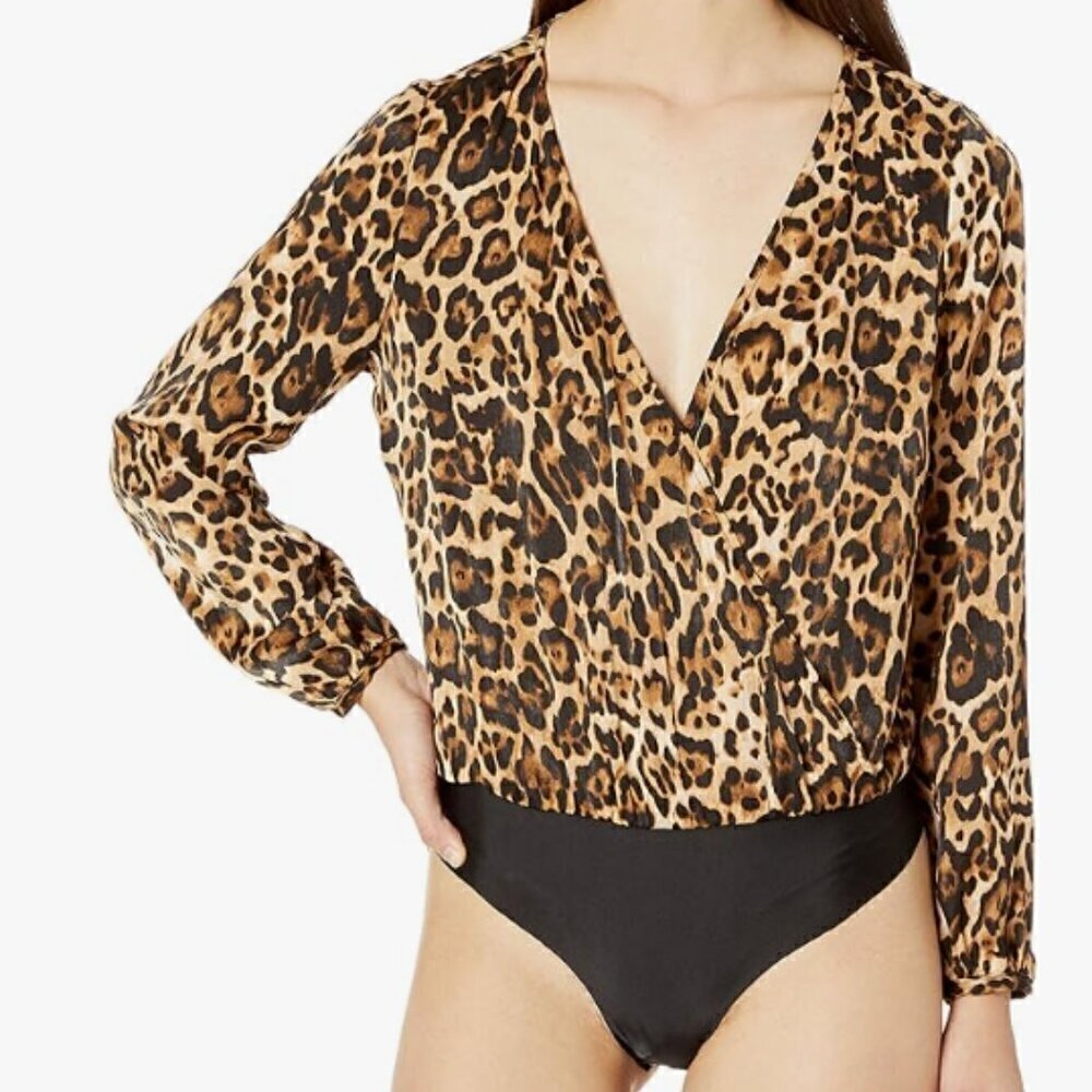 NWT - BB DAKOTA Women's Ride Or Tie Leopard Print Satin Bodysuit